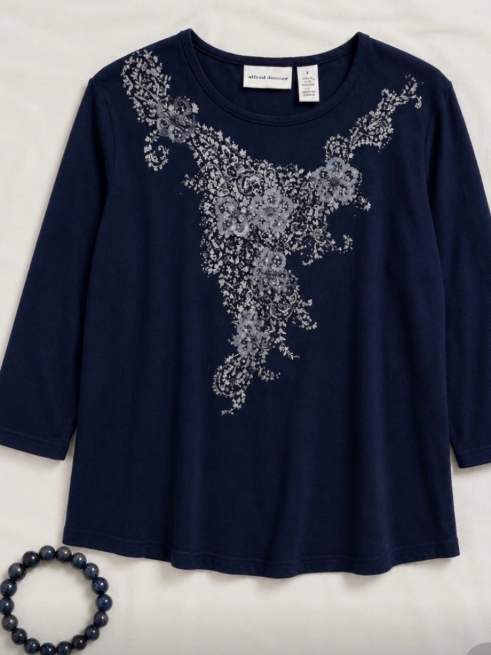 Alfred Dunner Navy Blue Embellished Sweater Women's XL Floral Sequin Beaded Knit